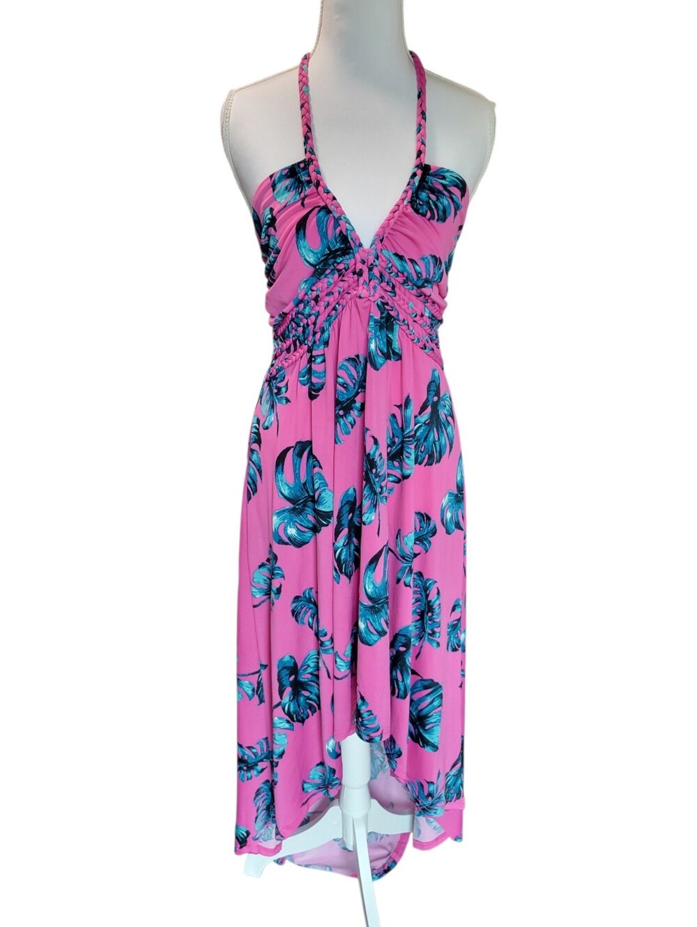Venus Pink Palm Leaf Braided Halter Strap OpenBack HighLow Hem Resort Wear Dress - Picture 2 of 9